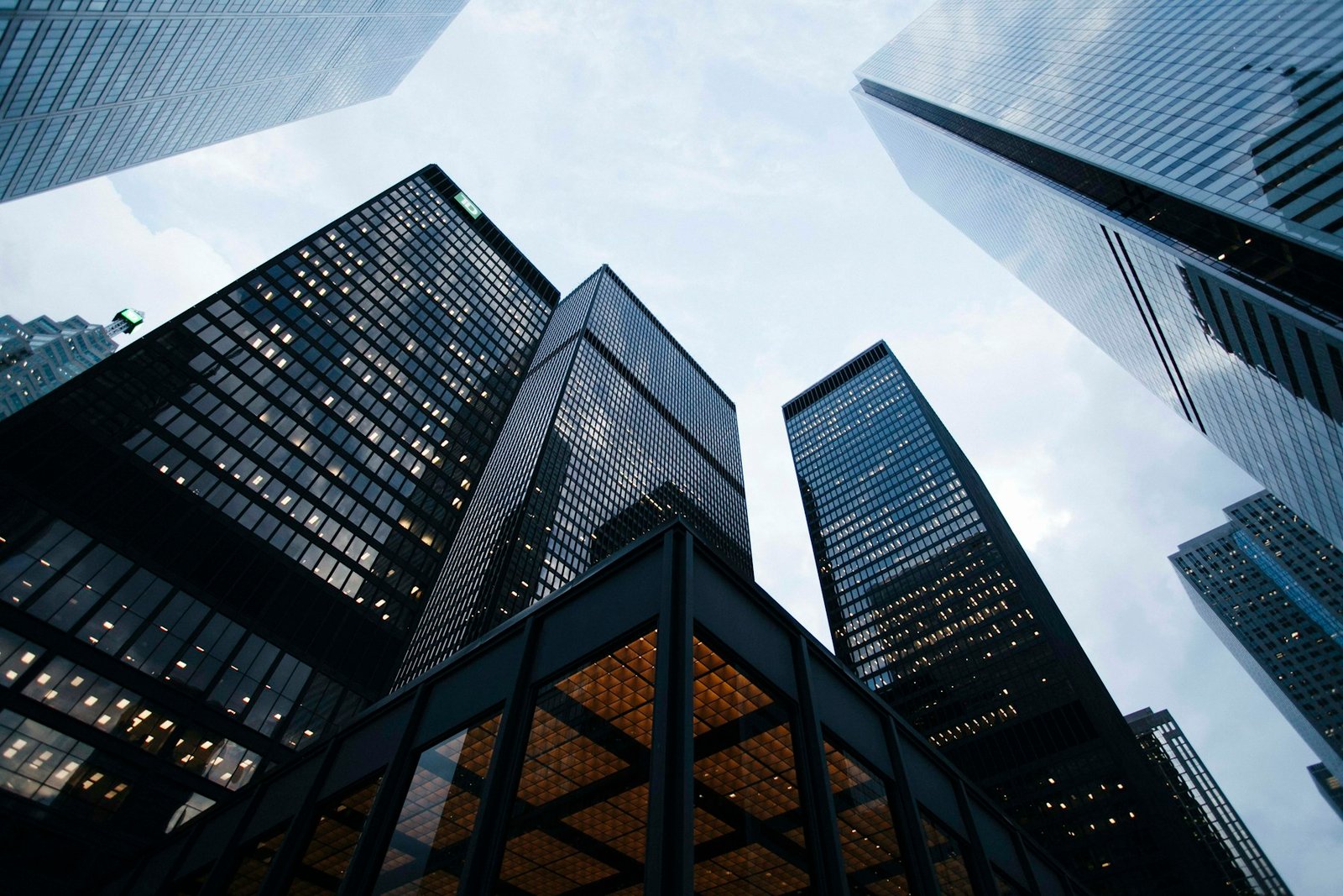 Upward view of contemporary glass architecture